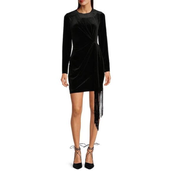 Badgley Mischka Dresses & Skirts - NWT Belle Badgley Mischka Harley Black Velvet Crew Neck Long Sleeve Fringe Dress
